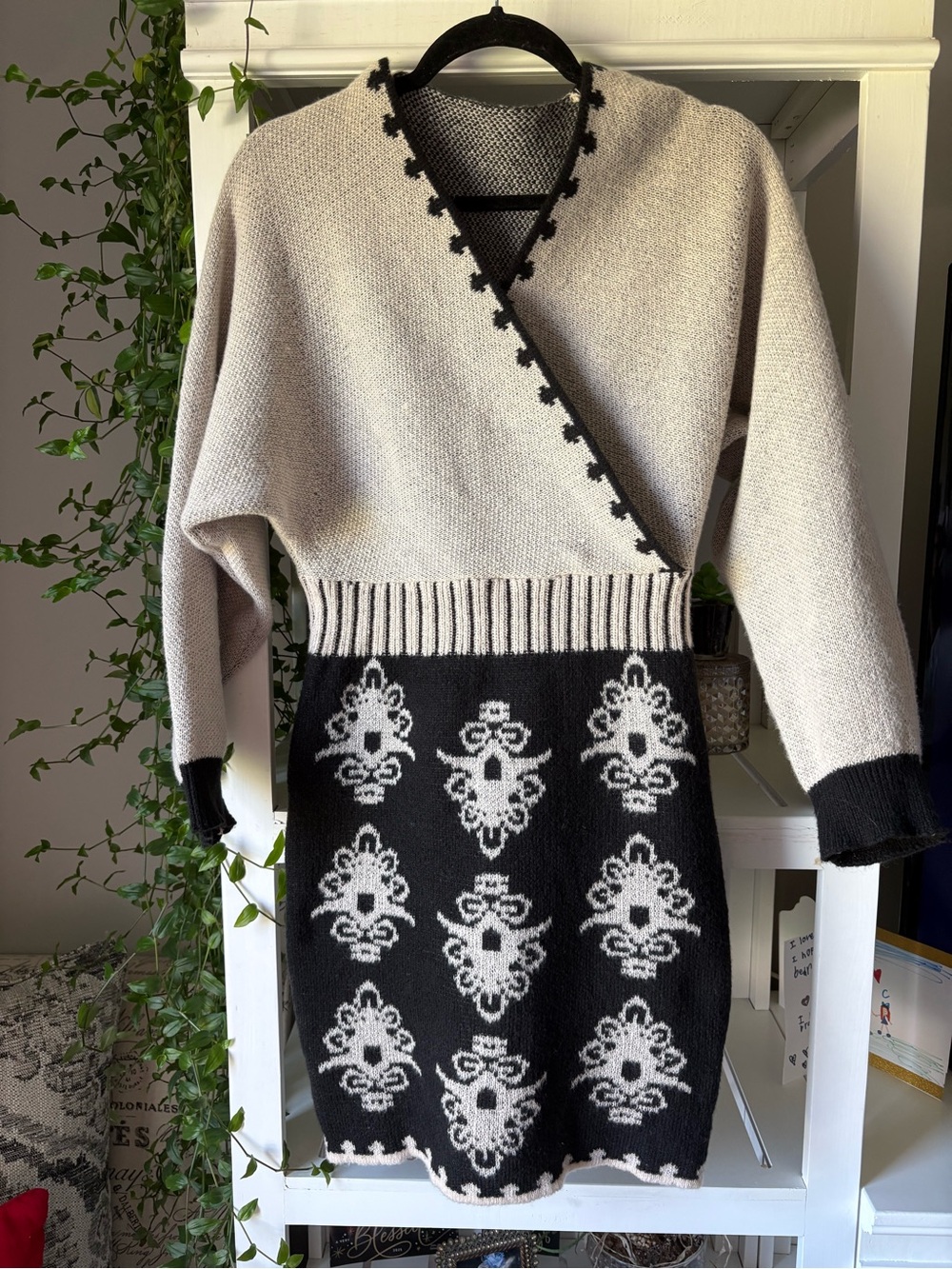 SHEIN Beige and Black Wrap-Style Knit V-Neck Sweater Dress
